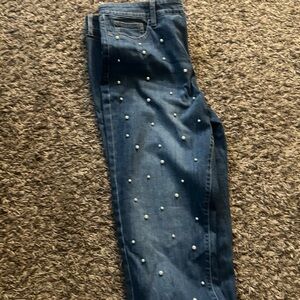 Women's Blue Jeans with Pearl Embellishments